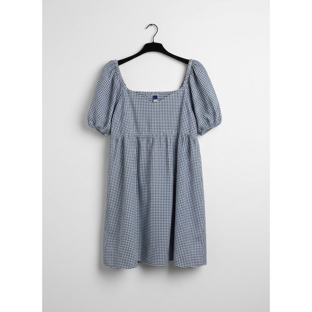 Old Navy Gingham Babydoll Dress Navy Blue White Puff Sleeve Smocked Back XL